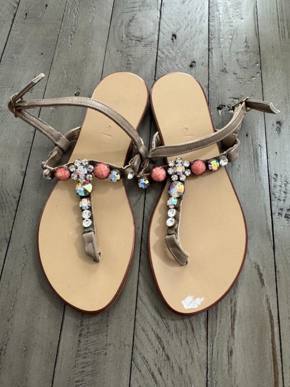 Emanuel Ungaro Jeweled Embellished Flat T Strap Leather Sandals 36